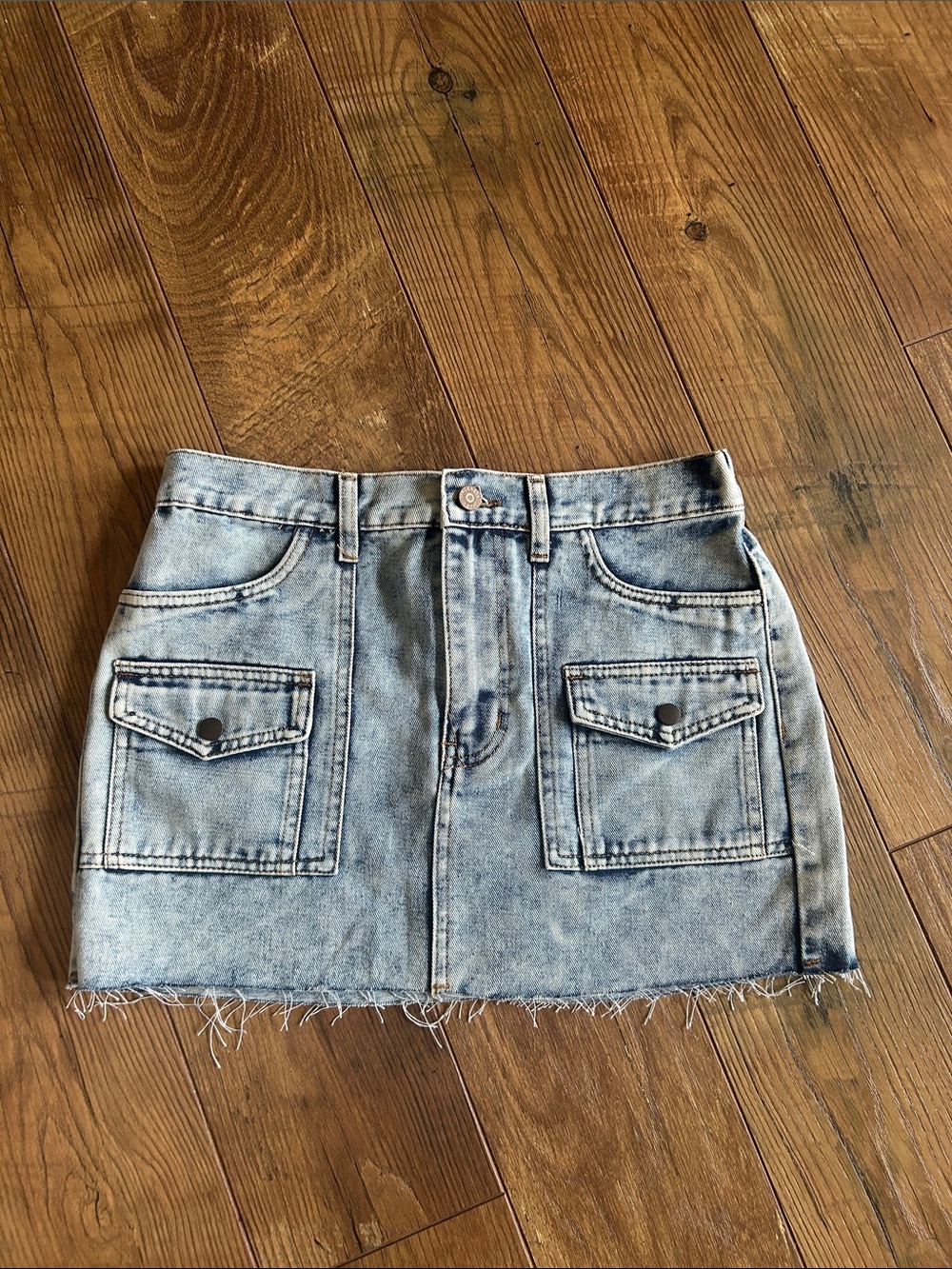 Sincerly Jules Light Blue Wash Denim Mini Skirt with Front Patch Pockets